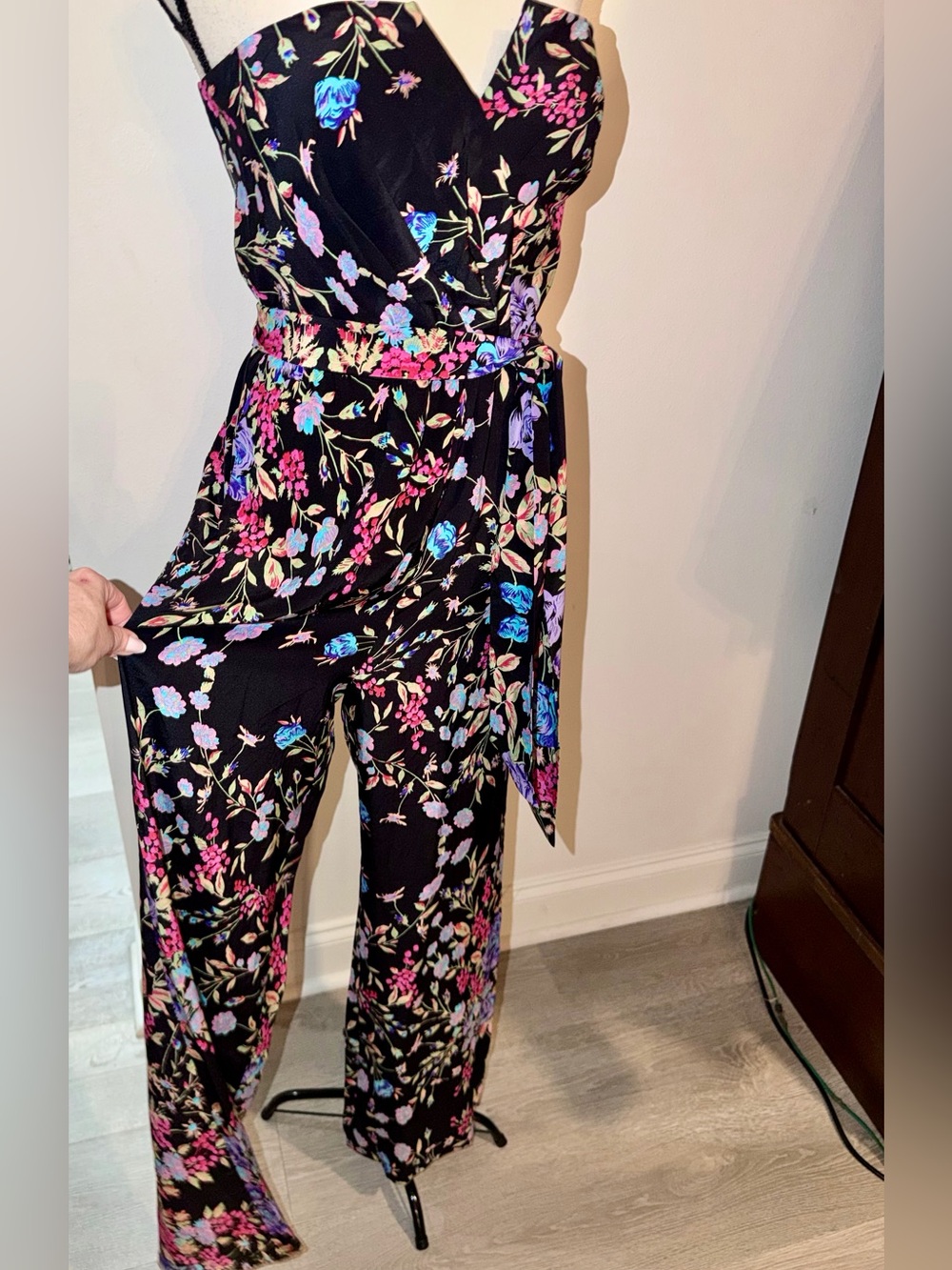 Yumi Kim 100% Silk Floral Strapless Wide Leg Jumpsuit Black Size Medium